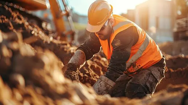 Arbetare i säkerhetsutrustning gräver jord på byggarbetsplats.